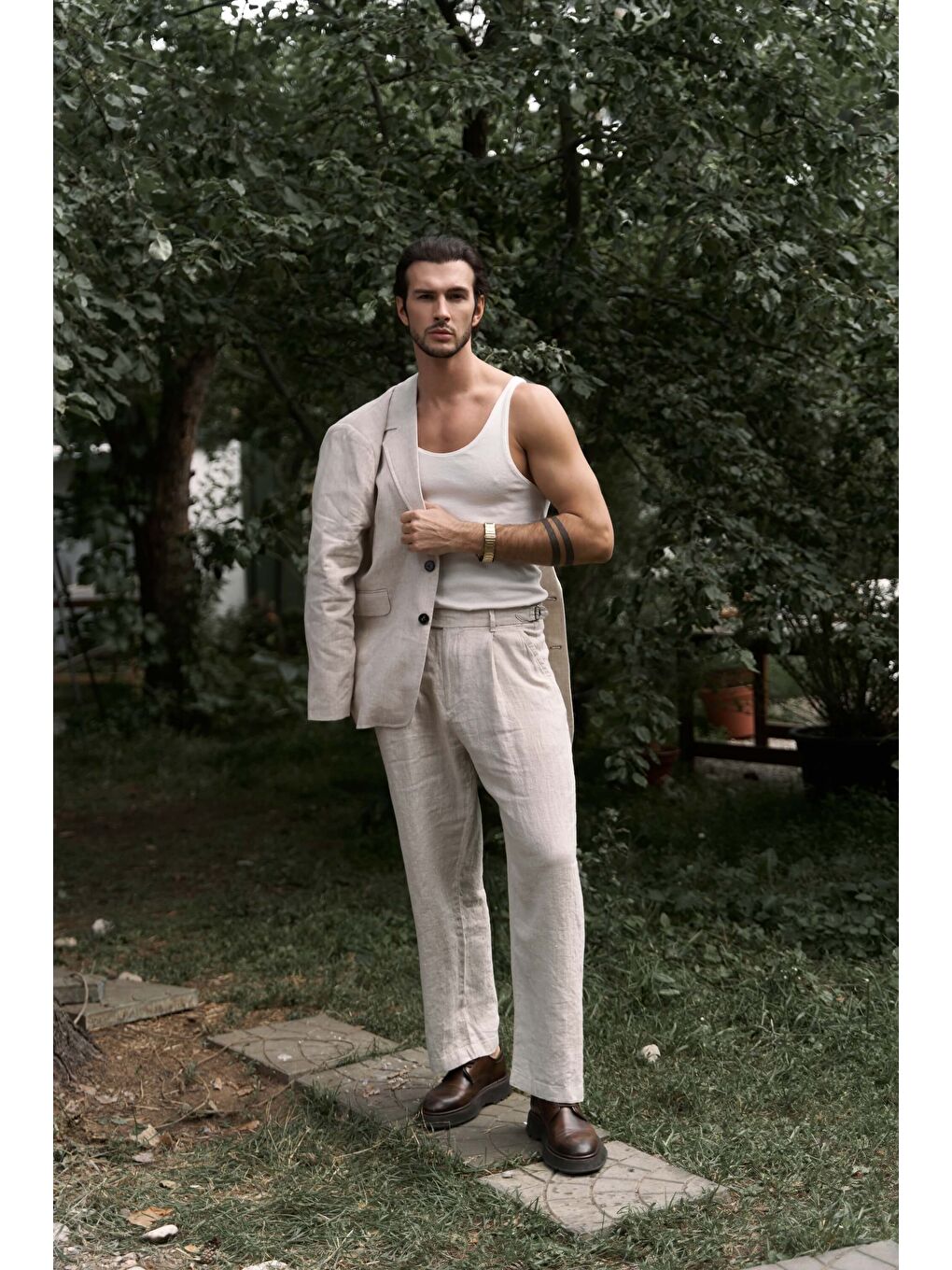 Bej Carlo Naturel Erkek Keten Pantolon