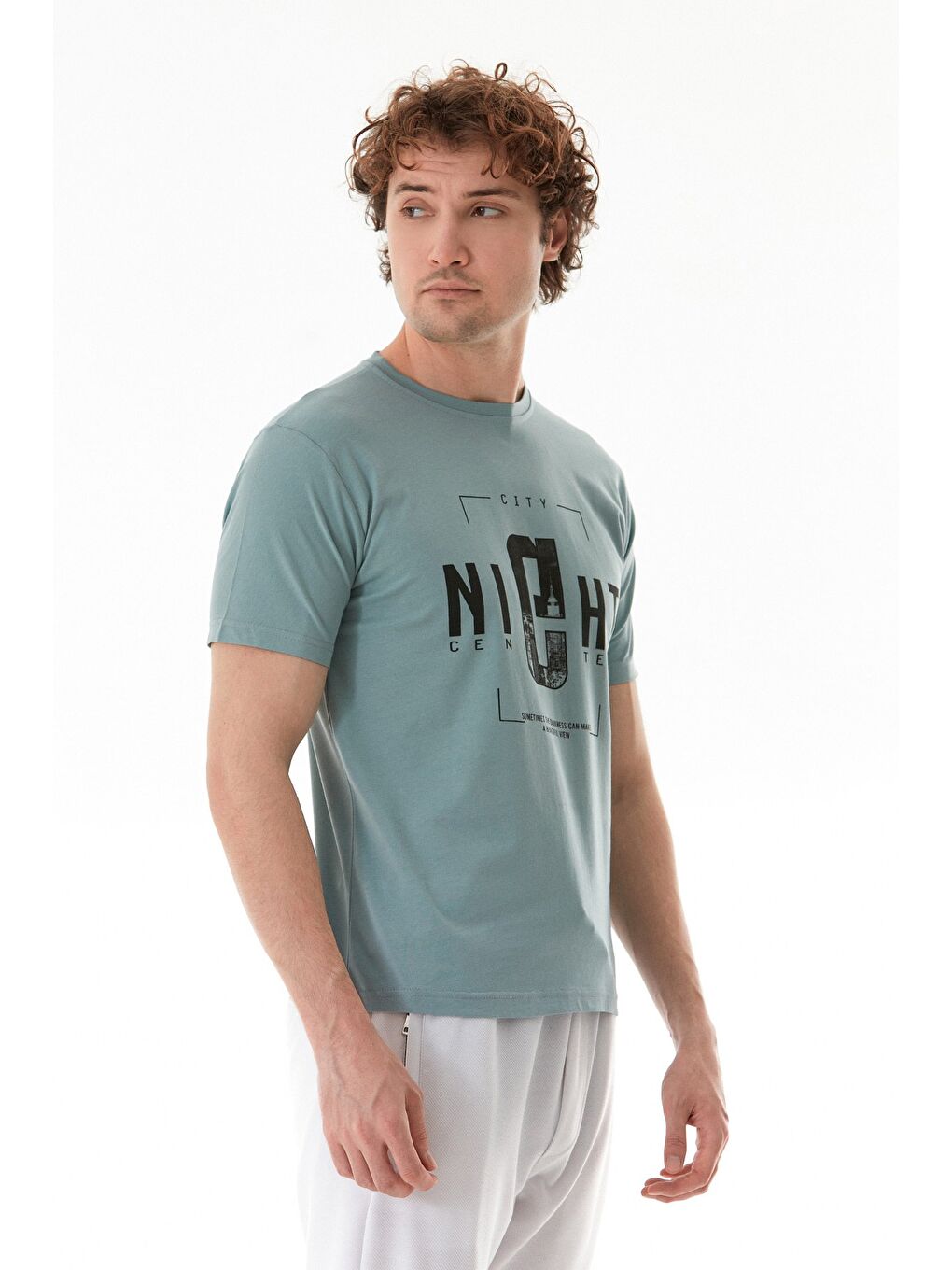 Yeşil Night Yazı Baskılı Bisiklet Yaka Tişört-2