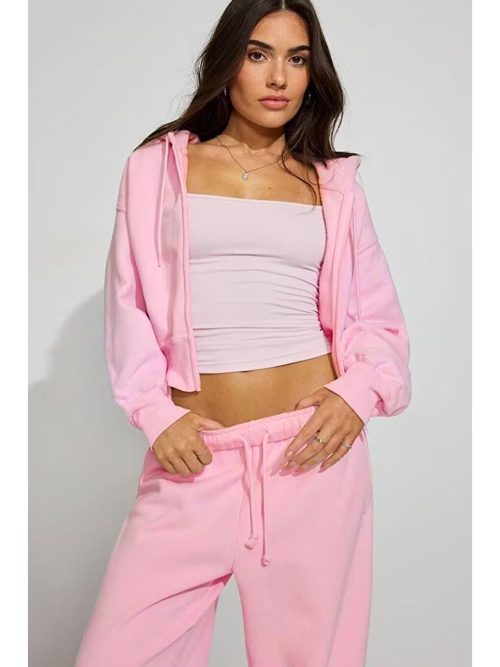 Pembe Crop Kapüşonlu Fermuarlı Kadın Sweatshirt Mg2608