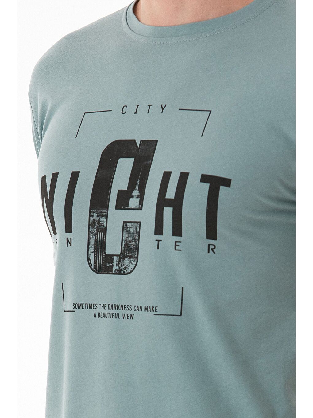 Yeşil Night Yazı Baskılı Bisiklet Yaka Tişört-4