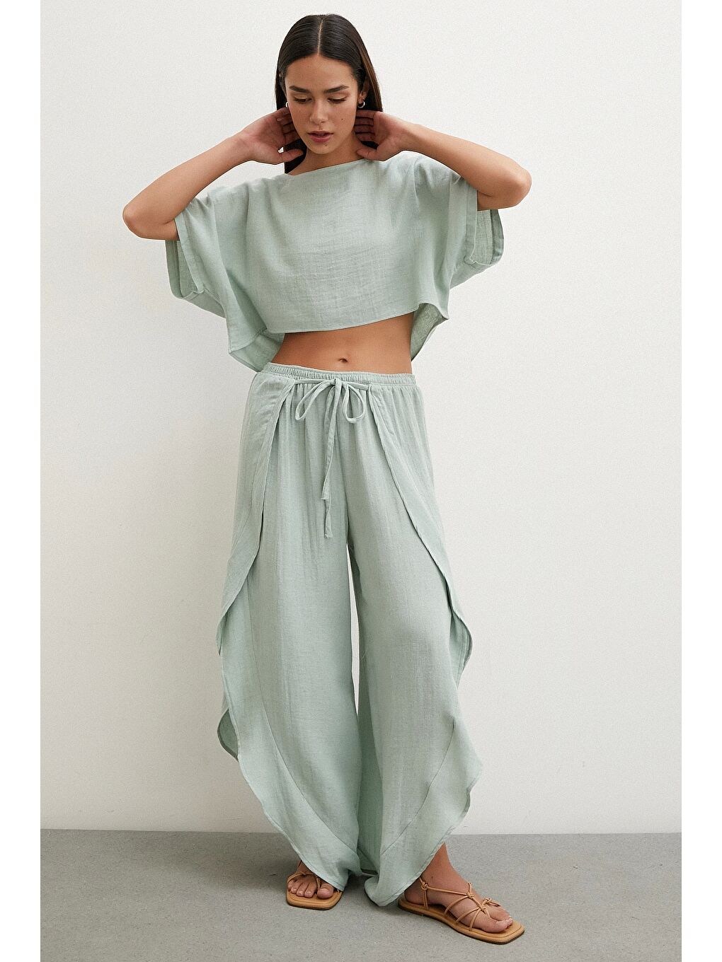 Karışık Keten Şalvar Takım Mint-1