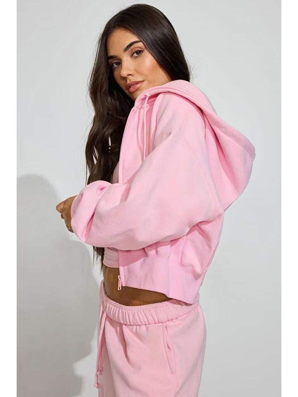 Pembe Crop Kapüşonlu Fermuarlı Kadın Sweatshirt Mg2608-1