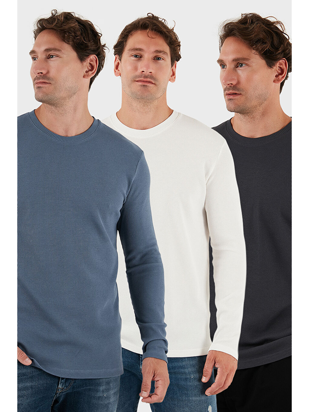 Ekru Pamuklu Bisklet Yaka Slim Fit Basic 3'lü Paket Sweat 5905073S3