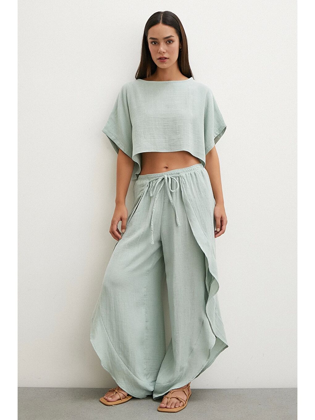 Karışık Keten Şalvar Takım Mint-2