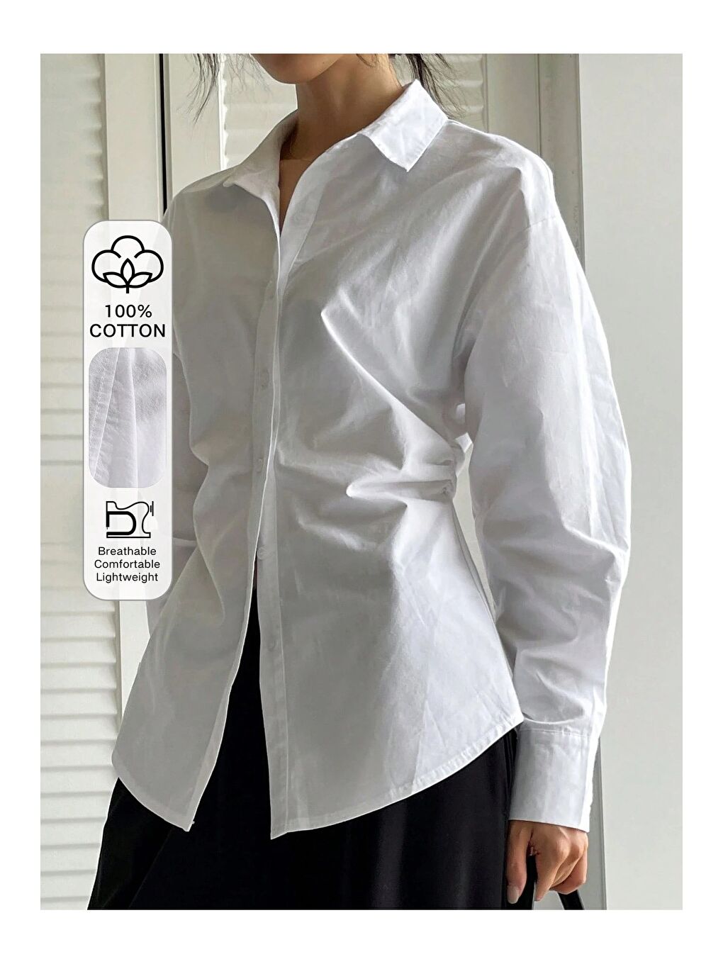 Beyaz Kadın Yan Büzgü Detaylı Gömlek Elastanlı Pamuklu Uzun Kollu Gömlek-2