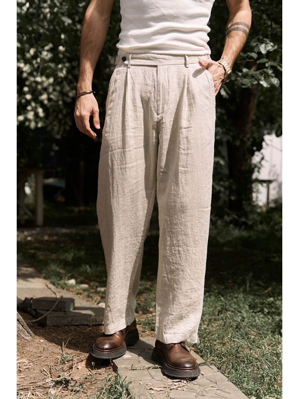 Bej Carlo Naturel Erkek Keten Pantolon-2