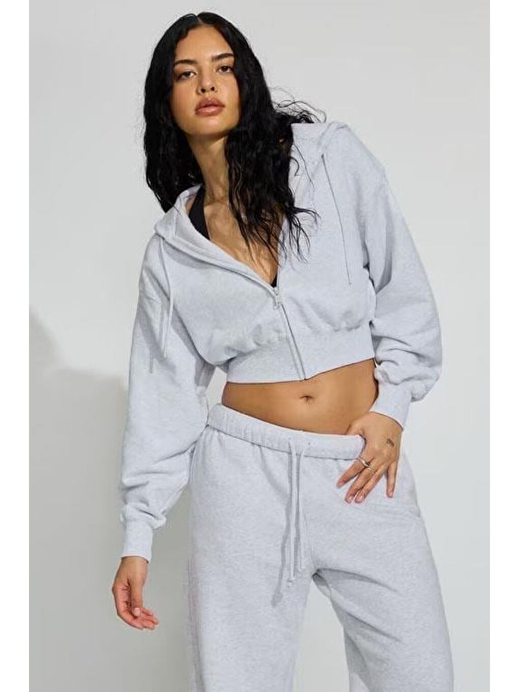 Beyaz Karmelanj Crop Kapüşonlu Fermuarlı Kadın Sweatshirt Mg2608