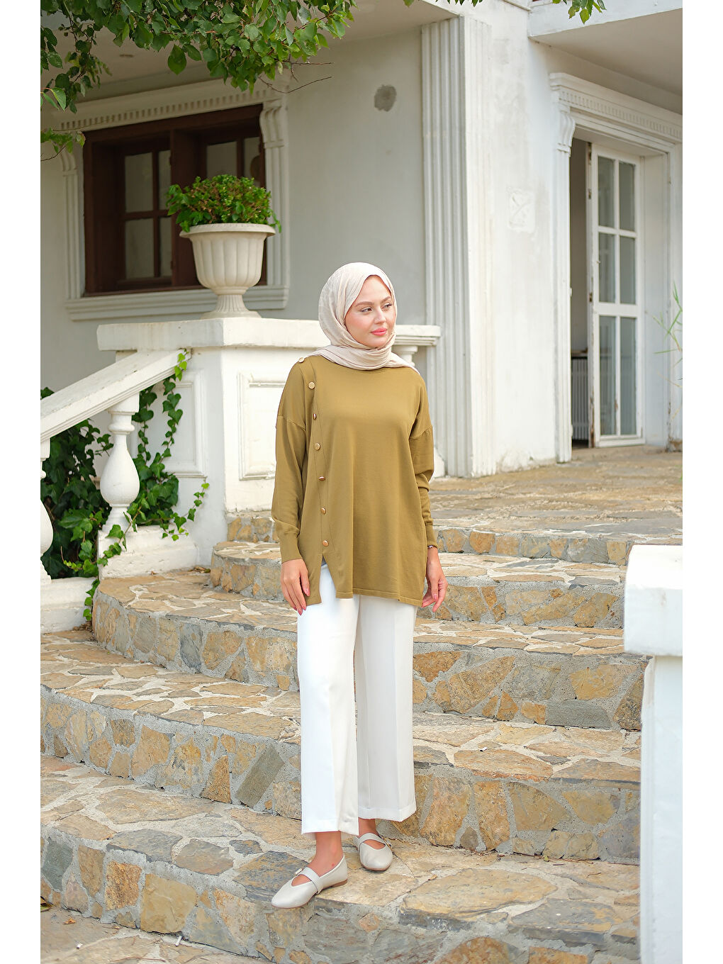 Kadın Ön Düğme Detay Tunik Koyu Yeşil-4