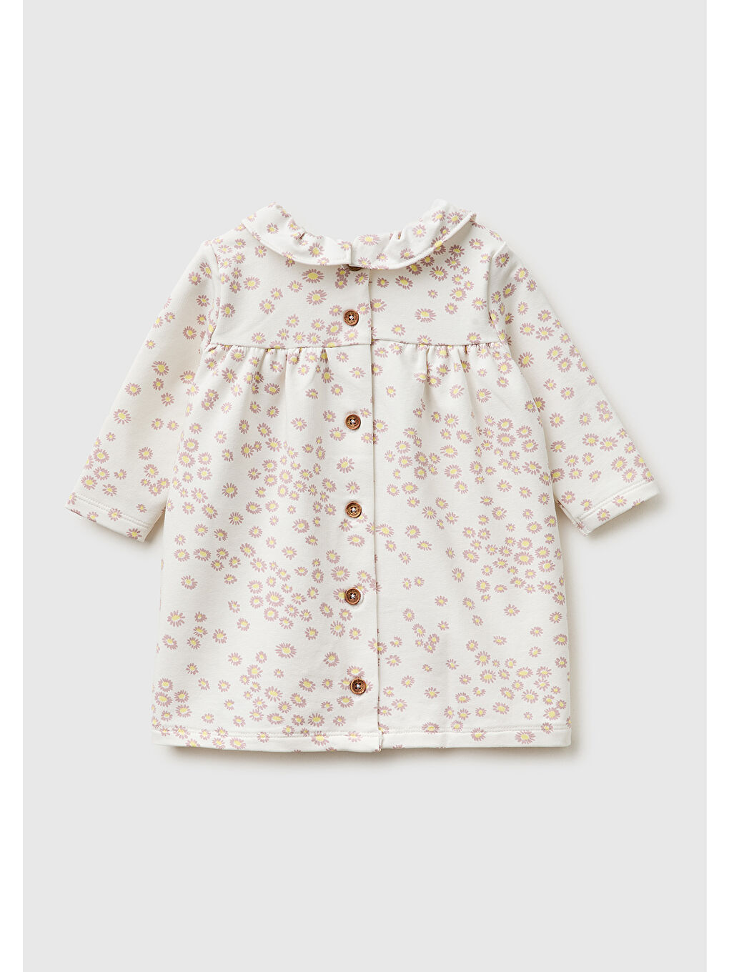 Ekru Bebek Krem Baskılı Arkası Düğmeli Uzun Kollu Fırfırlı Yaka Elbise-1