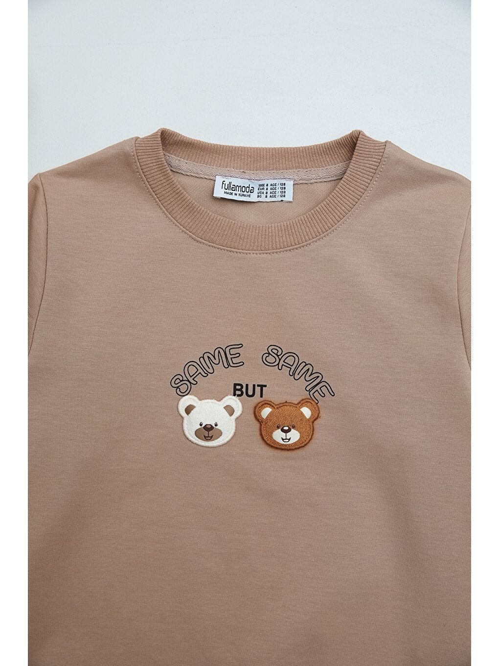 Bej Ayıcık Nakışlı Bisiklet Yaka Kız Çocuk Sweatshirt-1