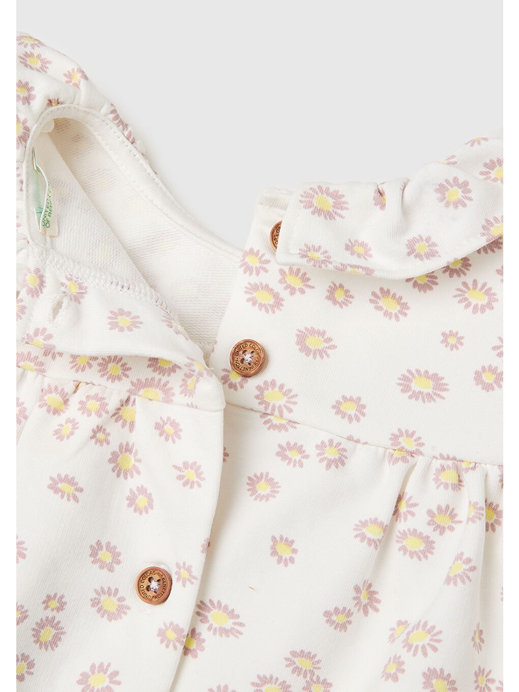 Ekru Bebek Krem Baskılı Arkası Düğmeli Uzun Kollu Fırfırlı Yaka Elbise-2