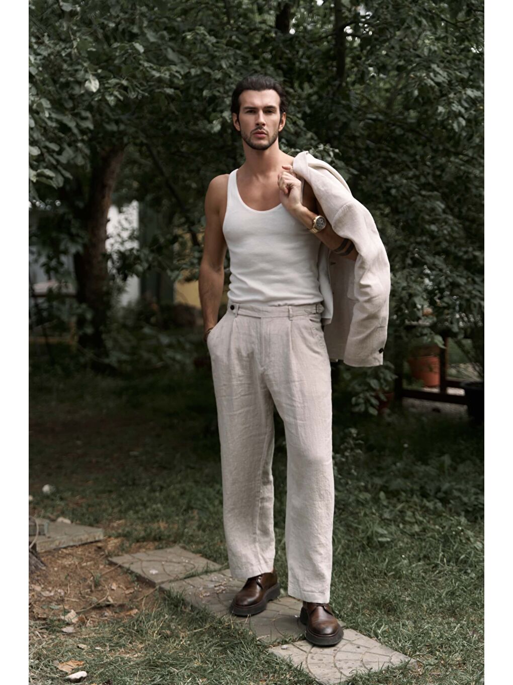 Bej Carlo Naturel Erkek Keten Pantolon-4