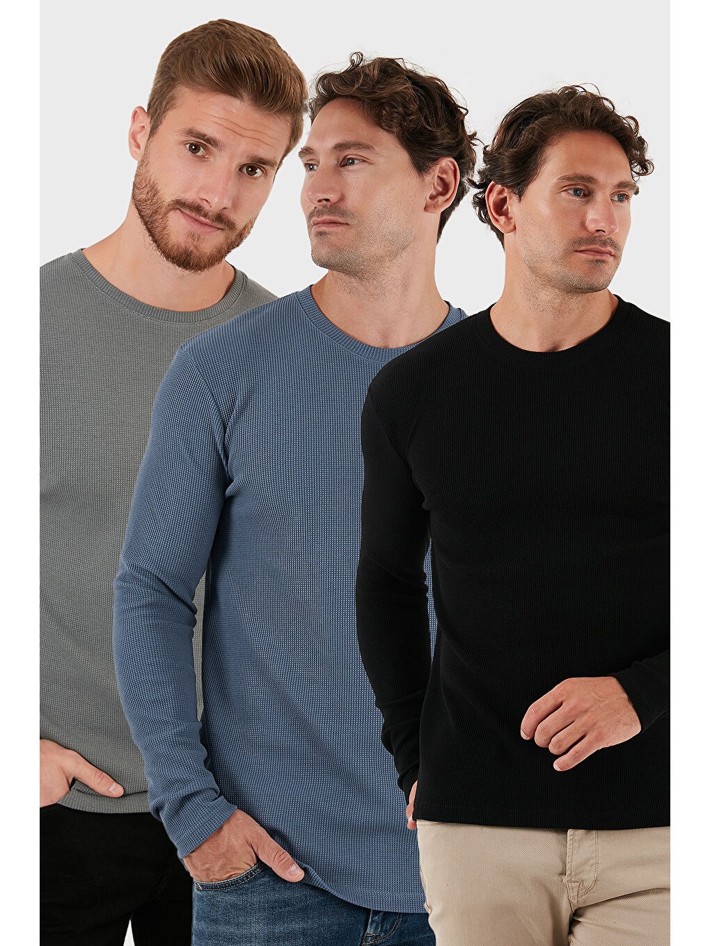 Gri Pamuklu Bisklet Yaka Slim Fit Basic 3'lü Paket Sweat 5905073S3