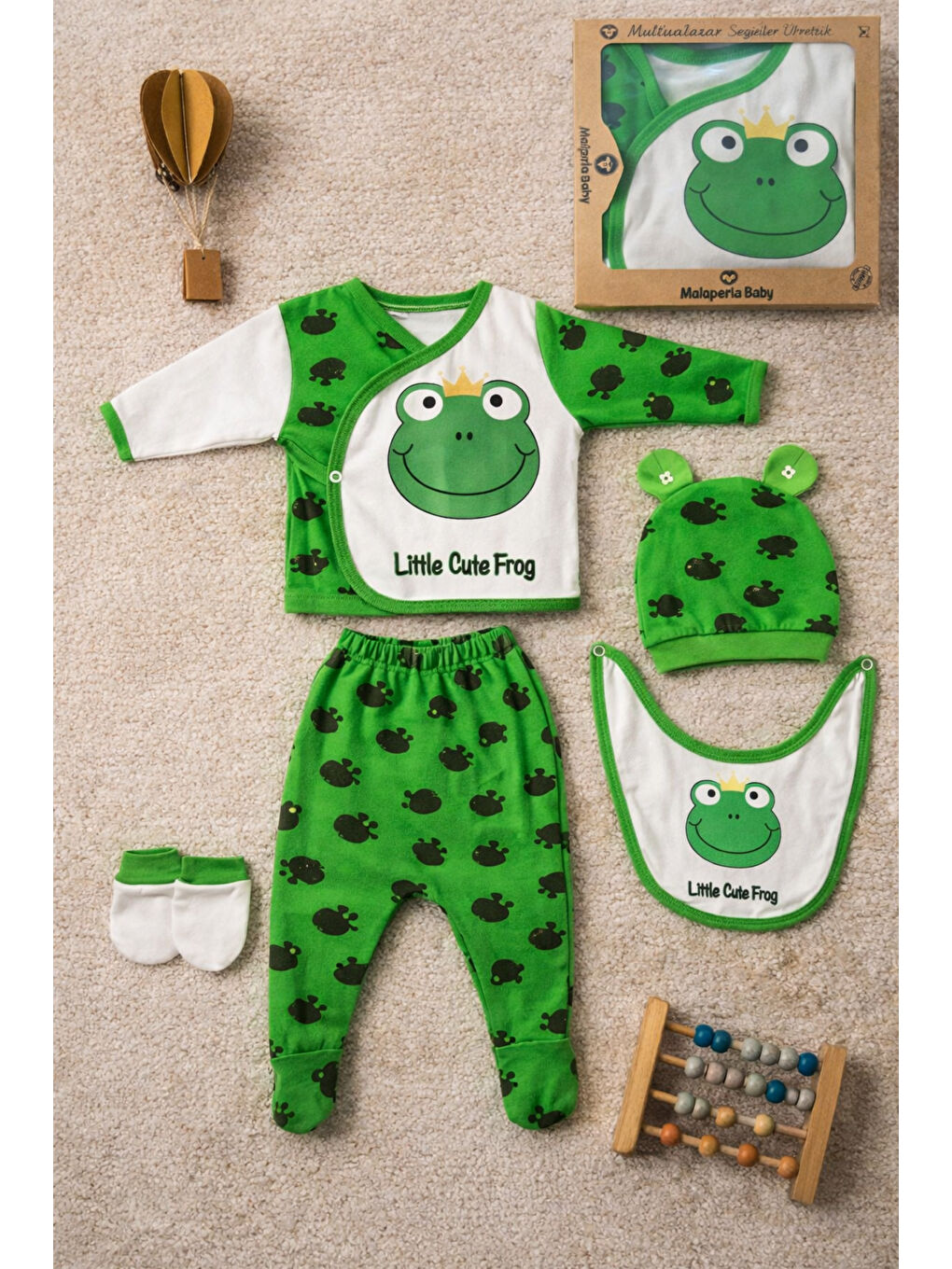 Yeşil Kurbağa Temalı Organik Pamuk Yenidoğan Hastane Çıkış Seti 5 Parça Kutulu