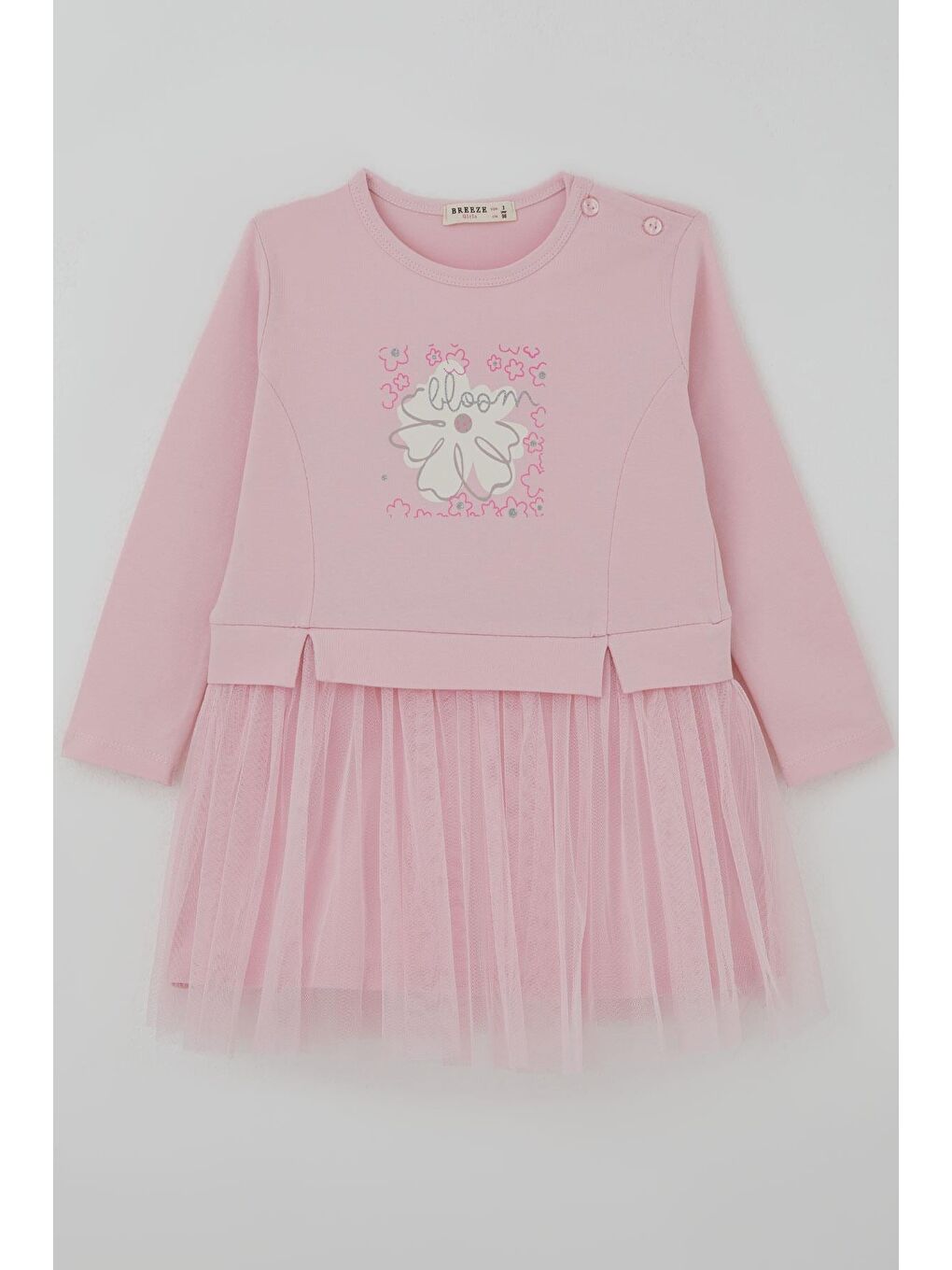 Kız Çocuk Uzun Kollu Elbise Çiçek Baskılı Tüllü Pembe (2-6 Yaş)