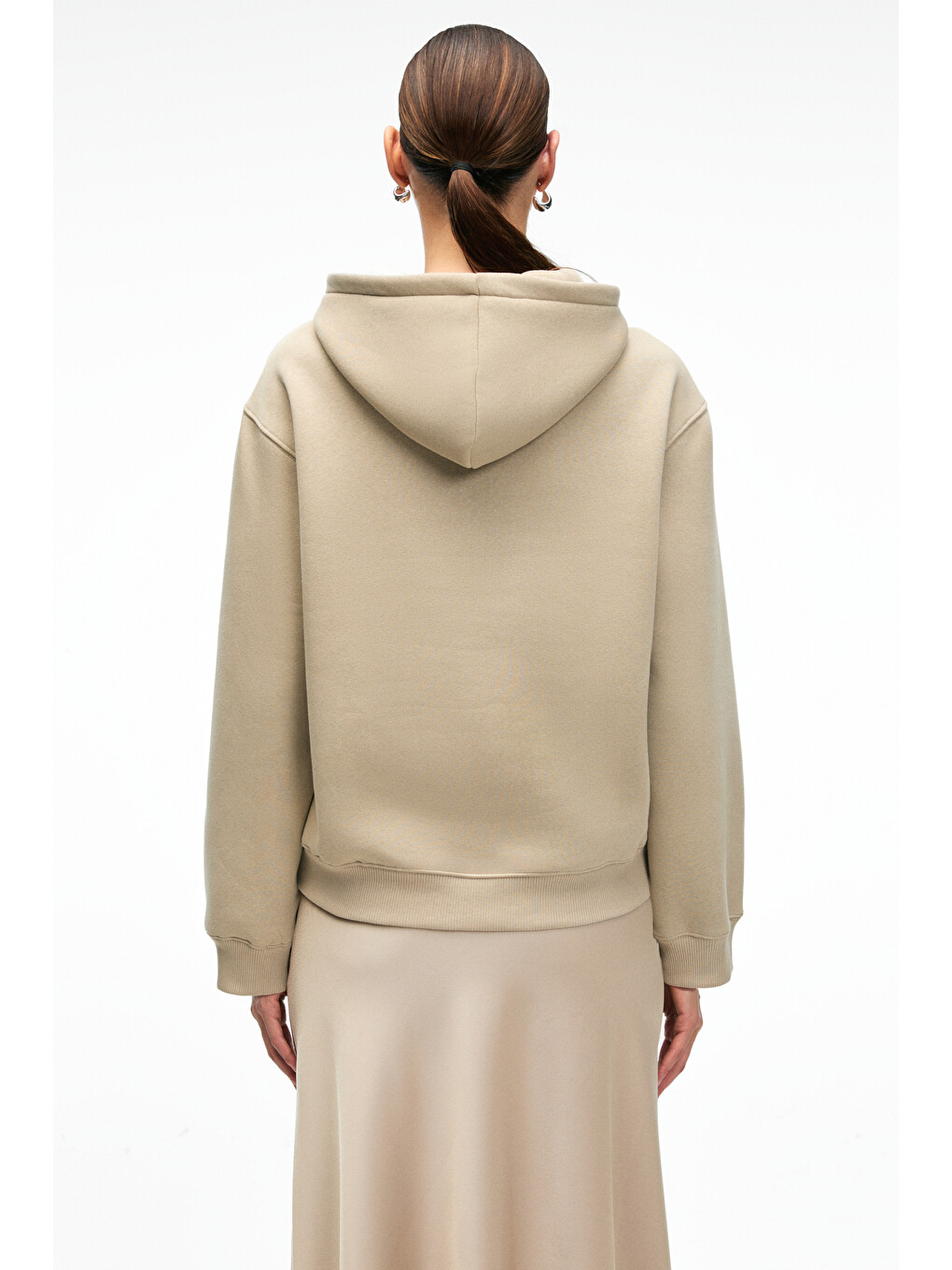 Bej Lıoraen Kadın Baskılı Relaxed Kanguru Cepli Kapüşonlu Taş Sweatshirt-6