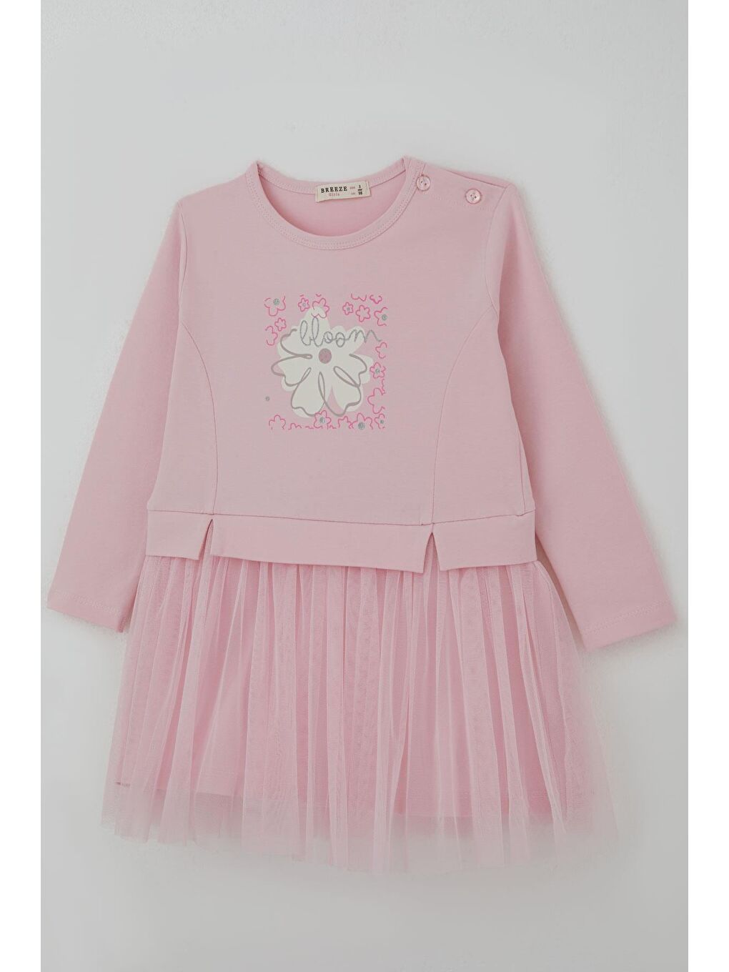 Kız Çocuk Uzun Kollu Elbise Çiçek Baskılı Tüllü Pembe (2-6 Yaş)-2