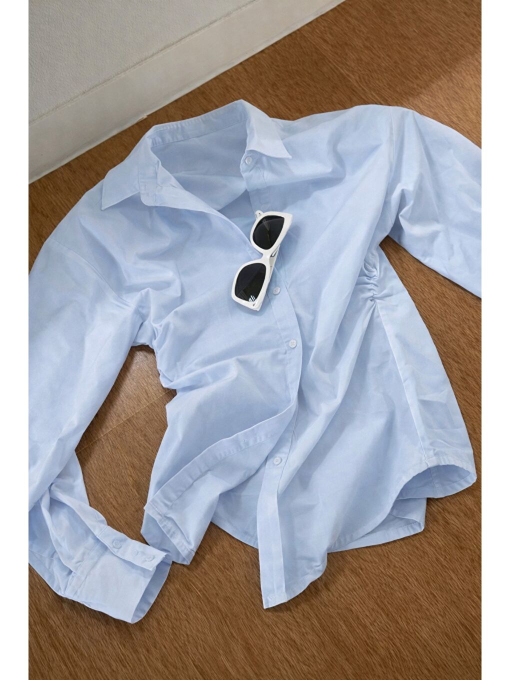 Mavi Kadın Yan Büzgü Detaylı Gömlek Elastanlı Pamuklu Uzun Kollu Gömlek-5