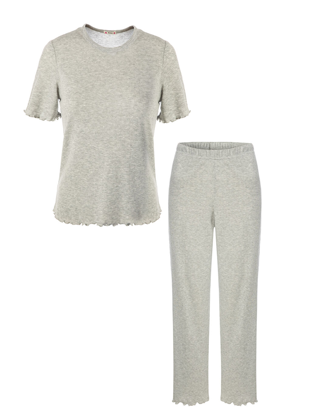 Gri Kadın Pamuklu Kısa Kollu Baby Overloklu Pijama Takımı