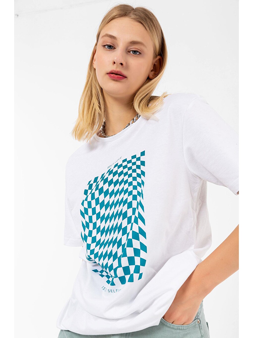 Bisiklet Yaka Self Love ilizyon Baskılı Beyaz Oversize Kadın Tişört