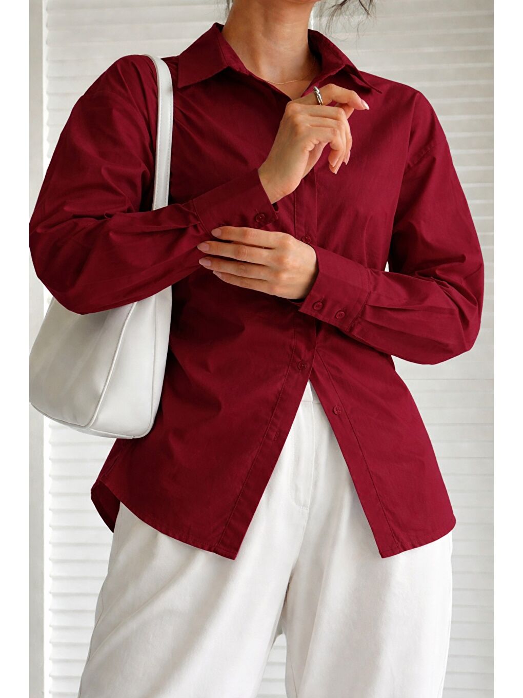Bordo Kadın Yan Büzgü Detaylı Gömlek Elastanlı Pamuklu Uzun Kollu Gömlek-2