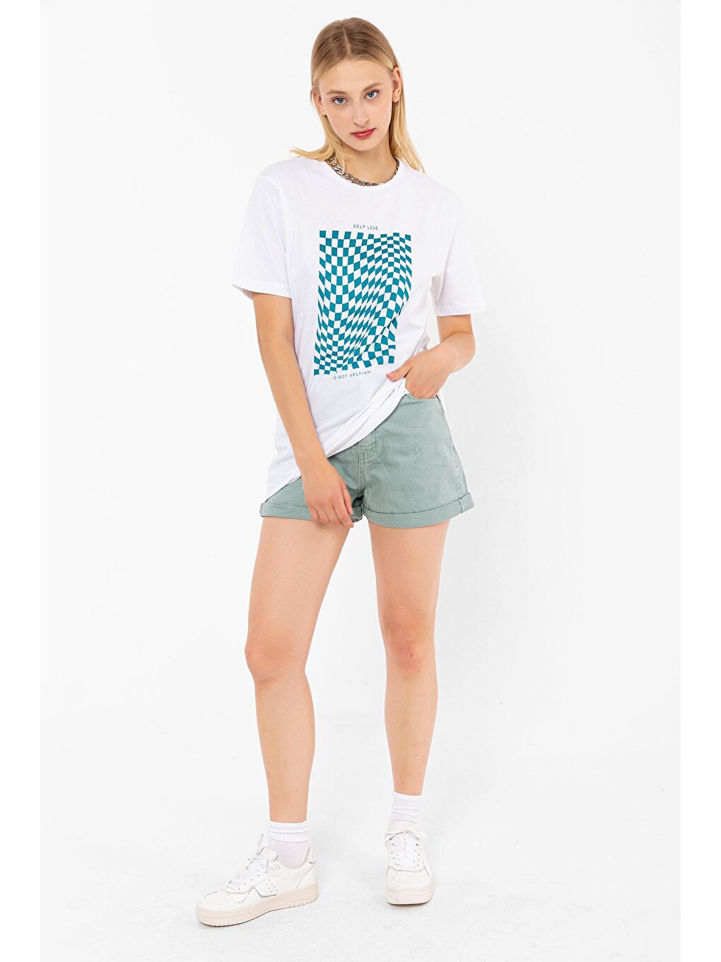 Bisiklet Yaka Self Love ilizyon Baskılı Beyaz Oversize Kadın Tişört-1