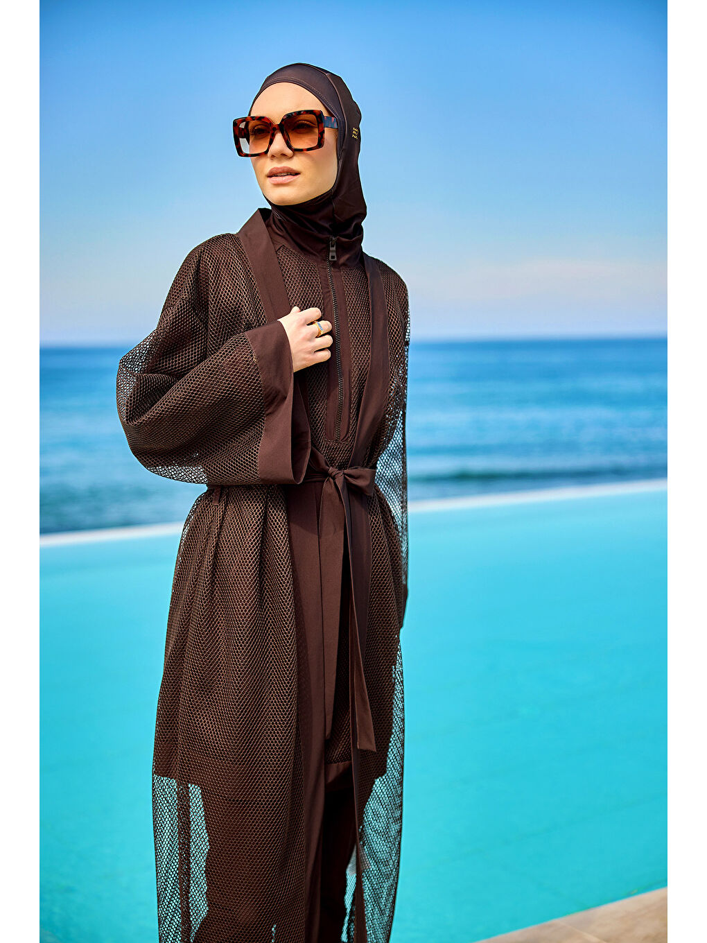 Kahverengi Tül Detaylı Pareo Kaftan P2501-4