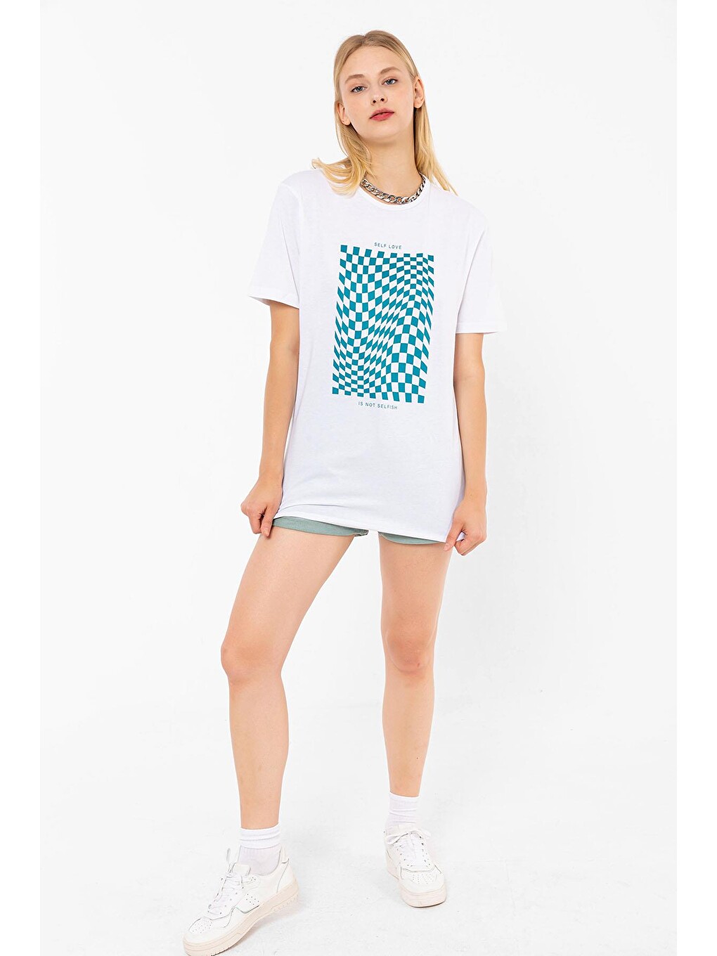 Bisiklet Yaka Self Love ilizyon Baskılı Beyaz Oversize Kadın Tişört-3