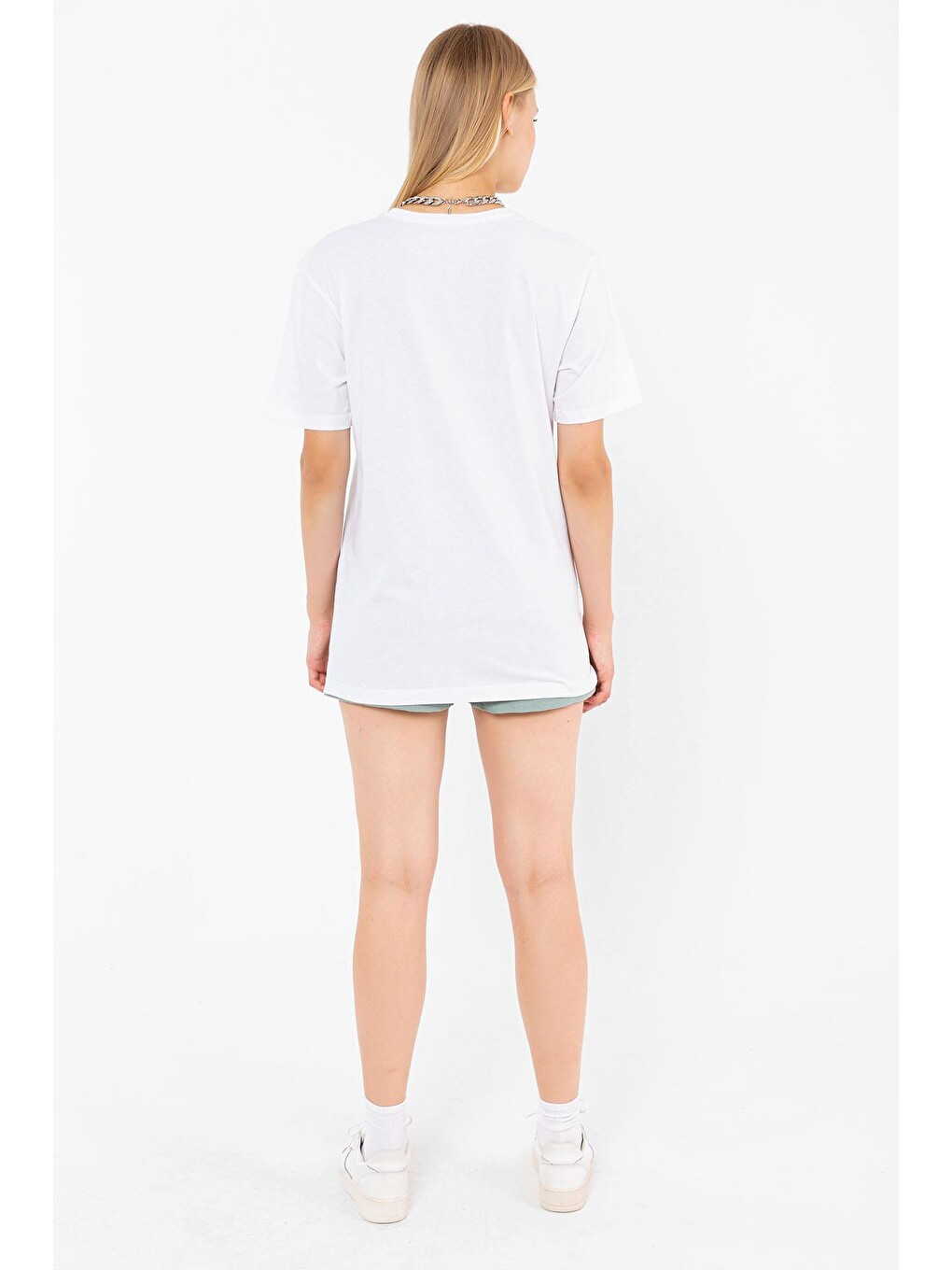Bisiklet Yaka Self Love ilizyon Baskılı Beyaz Oversize Kadın Tişört-4