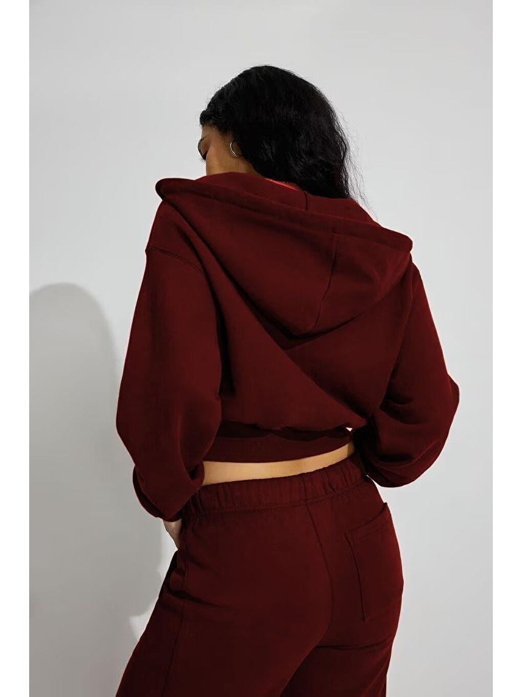 Bordo Crop Kapüşonlu Fermuarlı Kadın Sweatshirt Mg2608-1