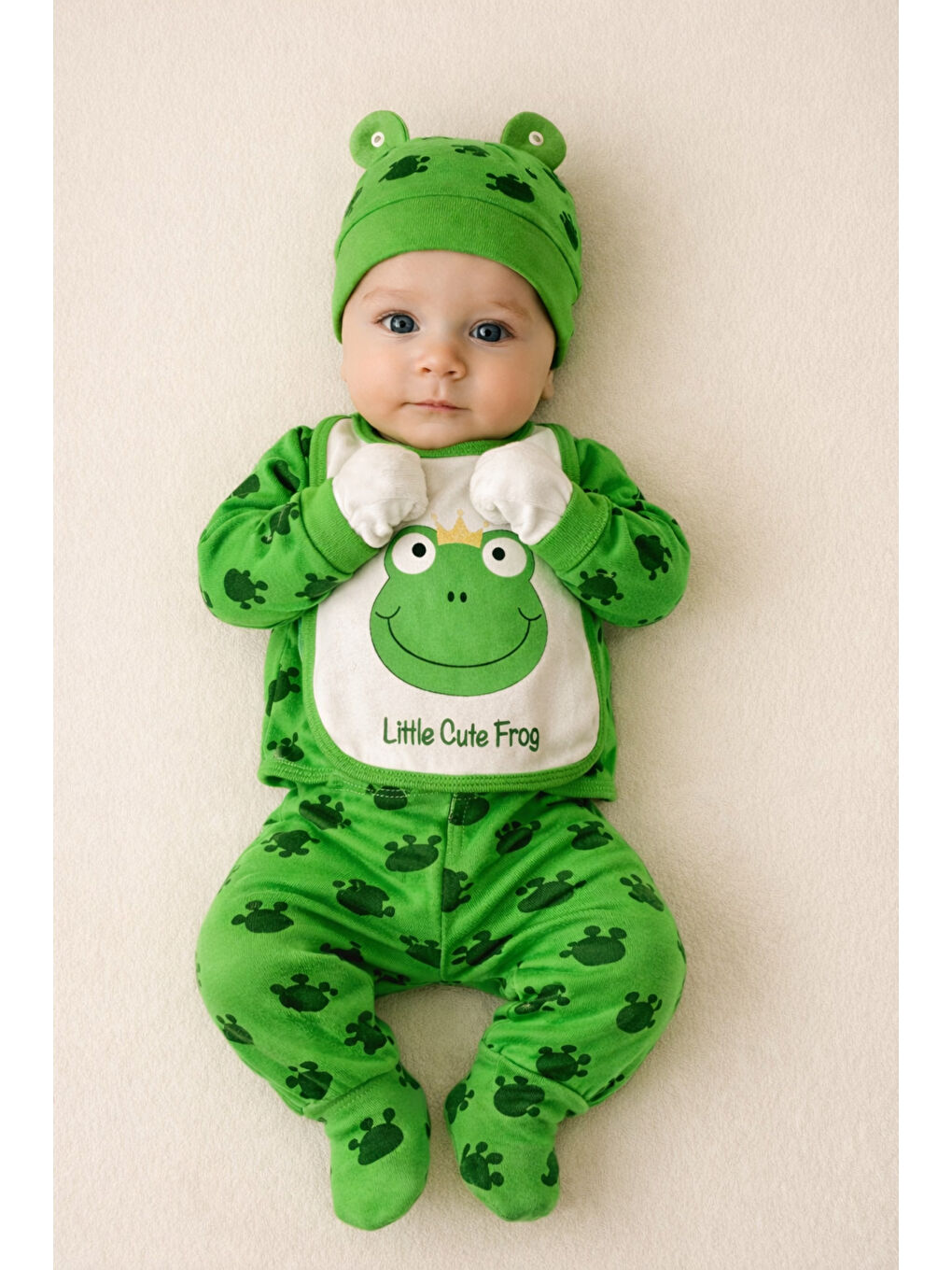 Yeşil Kurbağa Temalı Organik Pamuk Yenidoğan Hastane Çıkış Seti 5 Parça Kutulu-1