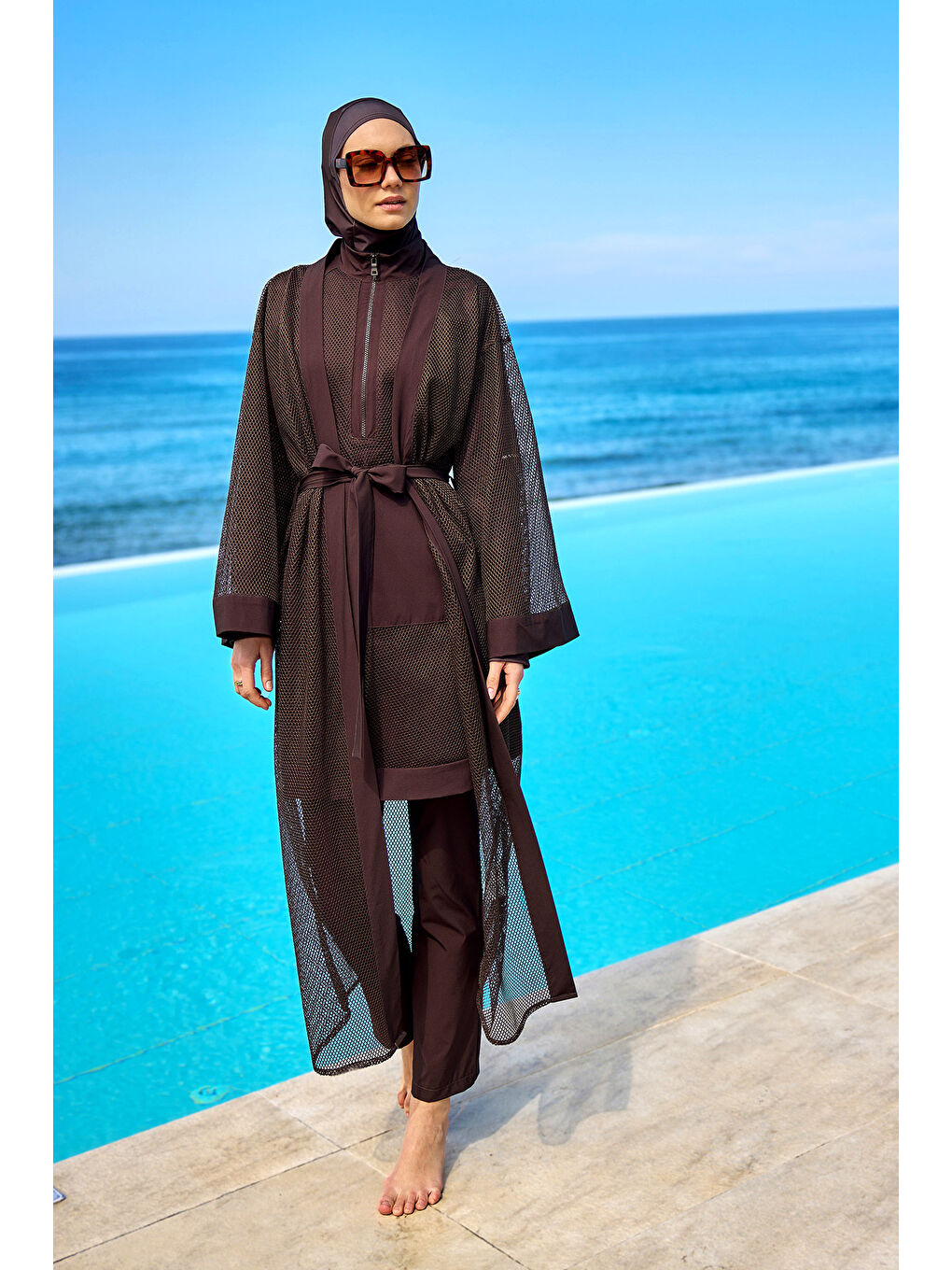 Kahverengi Tül Detaylı Pareo Kaftan P2501-4-1