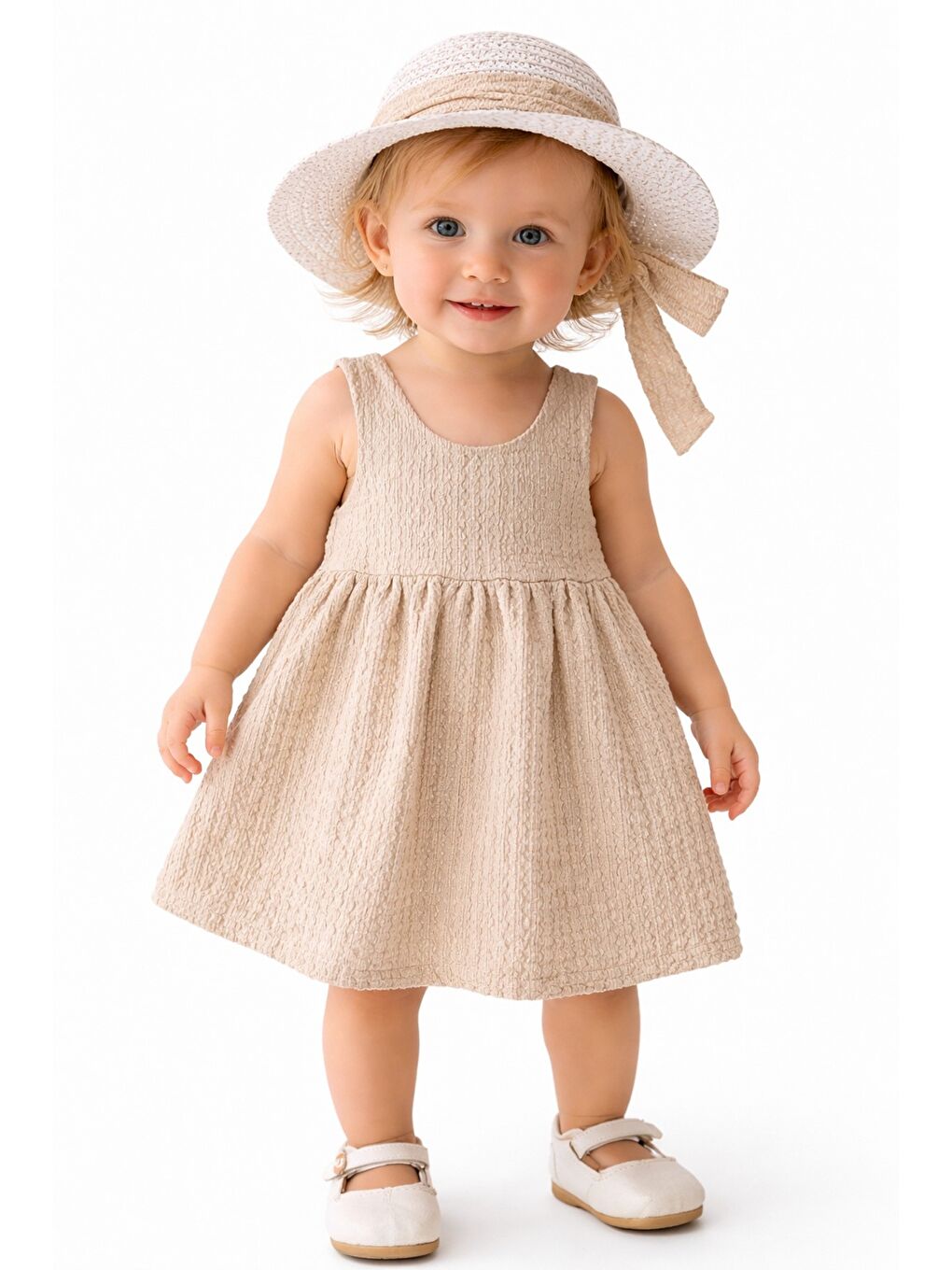 Bej Tatlı Kız Bebek Tarz Elbise Şapkalı Fiyonk Detaylı Yazlık 2’li Kombin