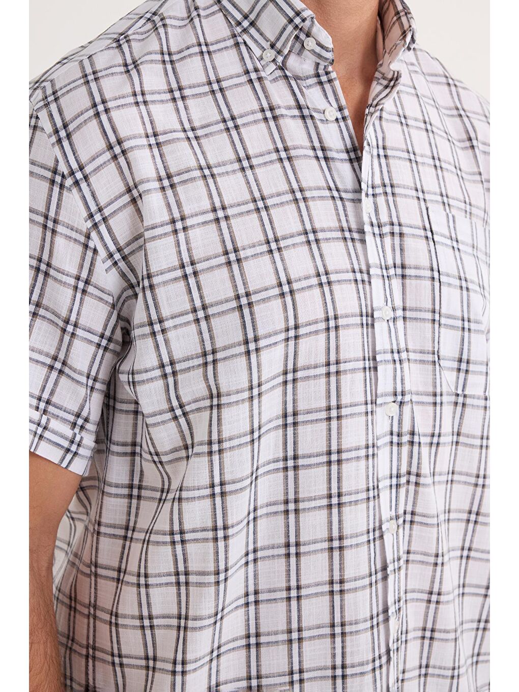 Karışık Erkek Regular Fit Klasik Kesim %100 Pamuk Keten Doku Cepli Kareli Kısa Kollu Düğmeli Yaka Gömlek-2