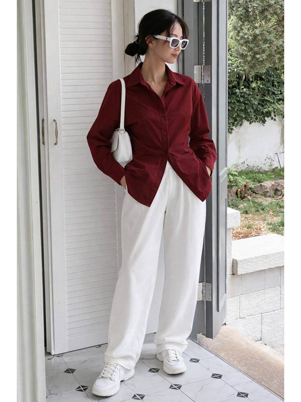 Bordo Kadın Yan Büzgü Detaylı Gömlek Elastanlı Pamuklu Uzun Kollu Gömlek-4