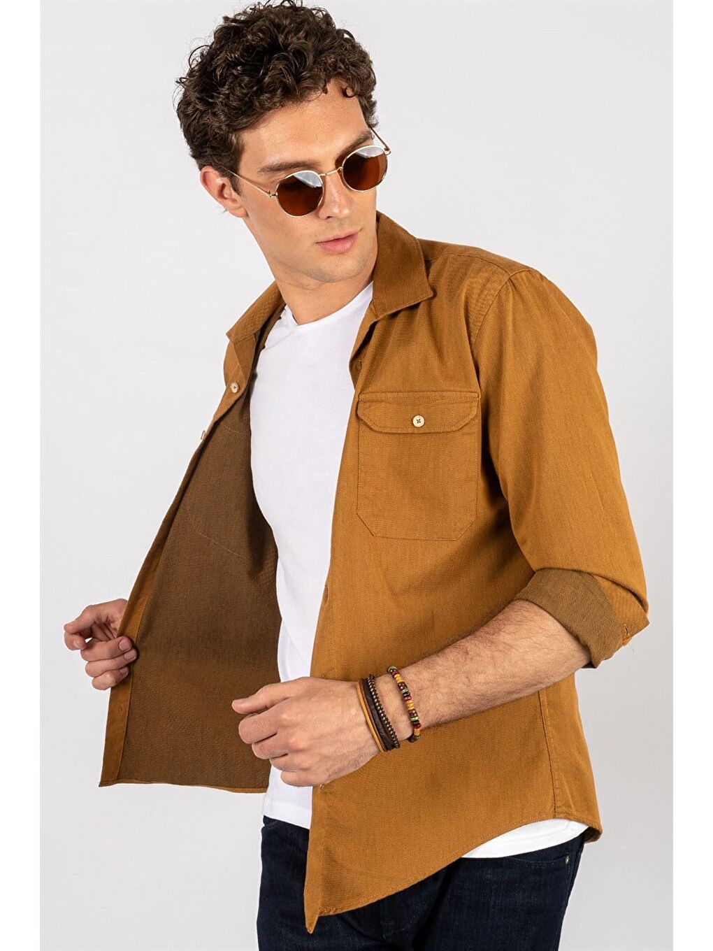 Kahverengi Slim Fit Uzun Kollu Dar Kesim Çift Cep Denim Jean Erkek Kahve Gömlek-1