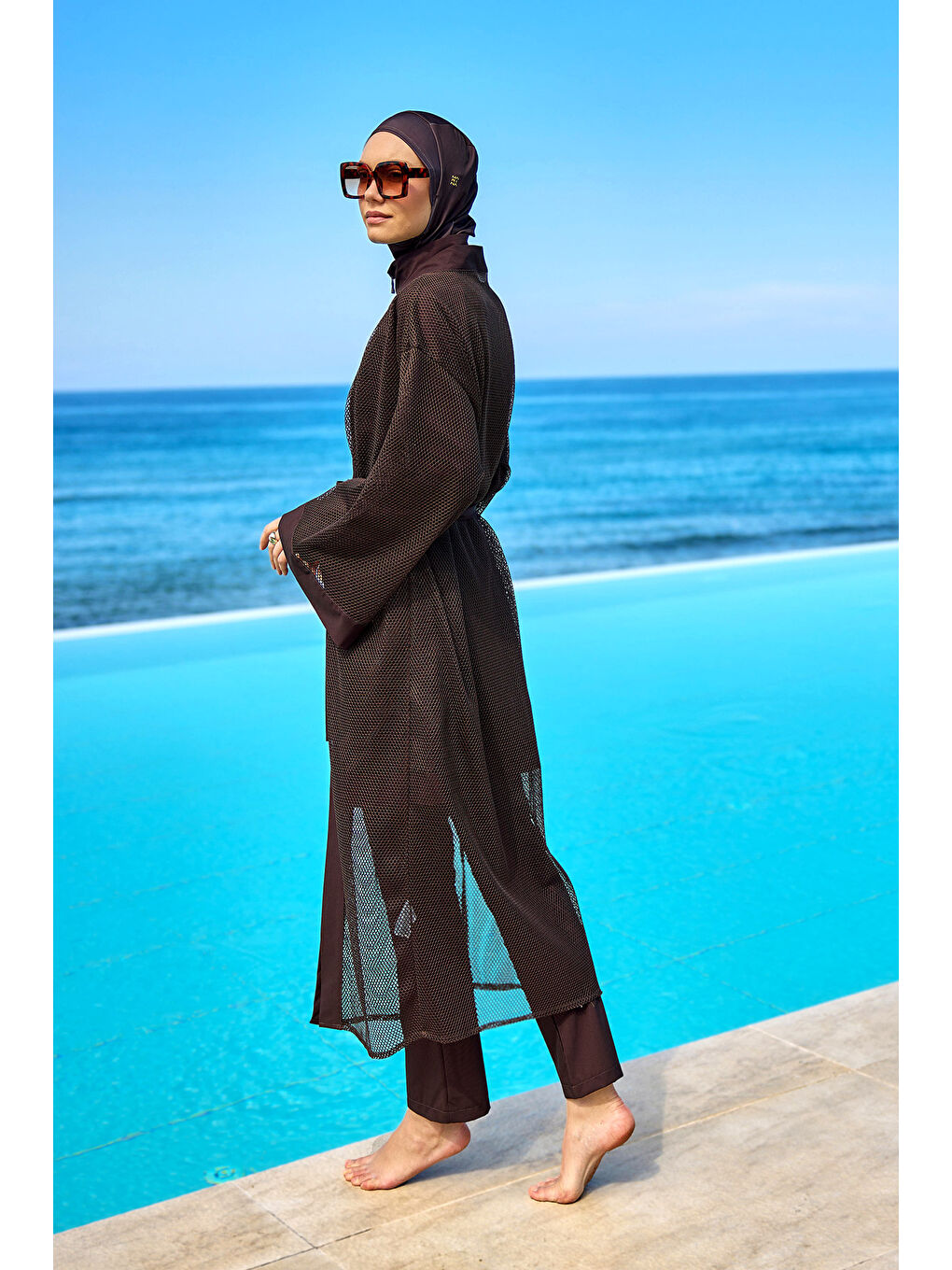 Kahverengi Tül Detaylı Pareo Kaftan P2501-4-3