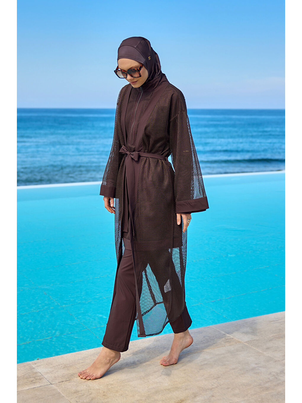 Kahverengi Tül Detaylı Pareo Kaftan P2501-4-4