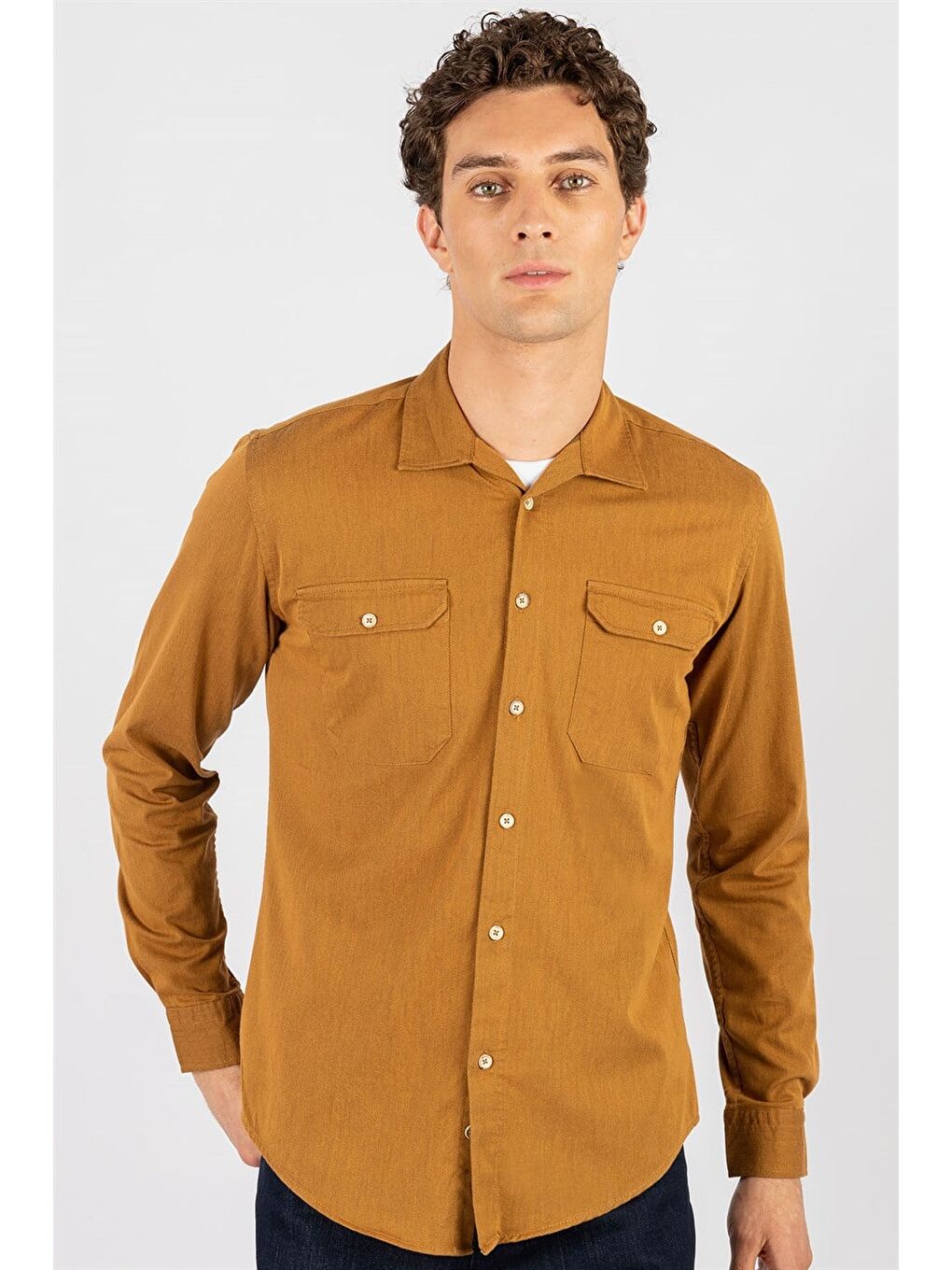 Kahverengi Slim Fit Uzun Kollu Dar Kesim Çift Cep Denim Jean Erkek Kahve Gömlek-2