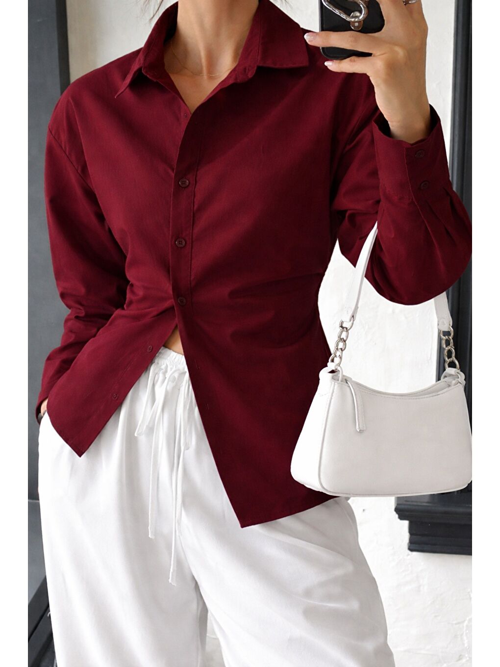 Bordo Kadın Yan Büzgü Detaylı Gömlek Elastanlı Pamuklu Uzun Kollu Gömlek-5