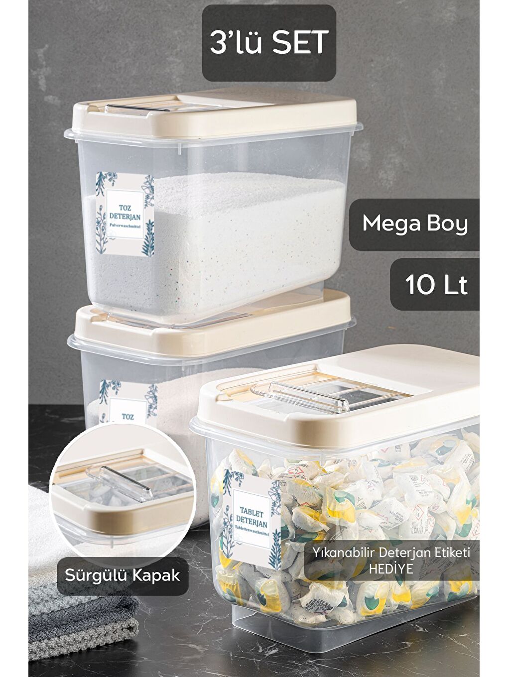 Ekru 3 lü 10 Lt Mega Banyo Düzenleyici   Kayar Kapaklı Etiketli Toz Tablet Deterjan Saklama Kutusu Krem