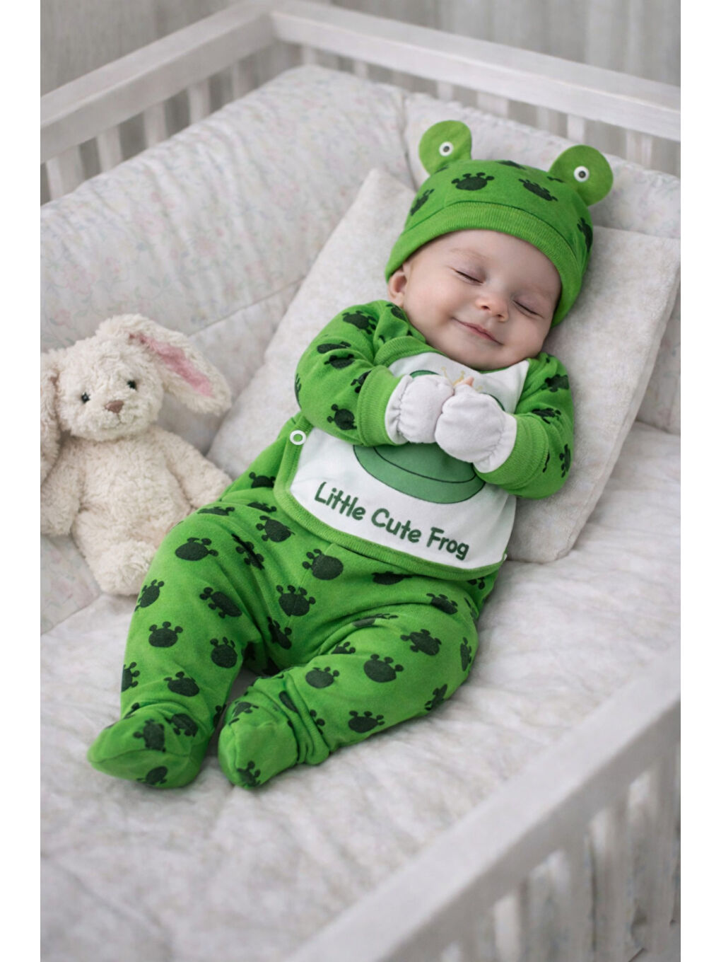 Yeşil Kurbağa Temalı Organik Pamuk Yenidoğan Hastane Çıkış Seti 5 Parça Kutulu-2