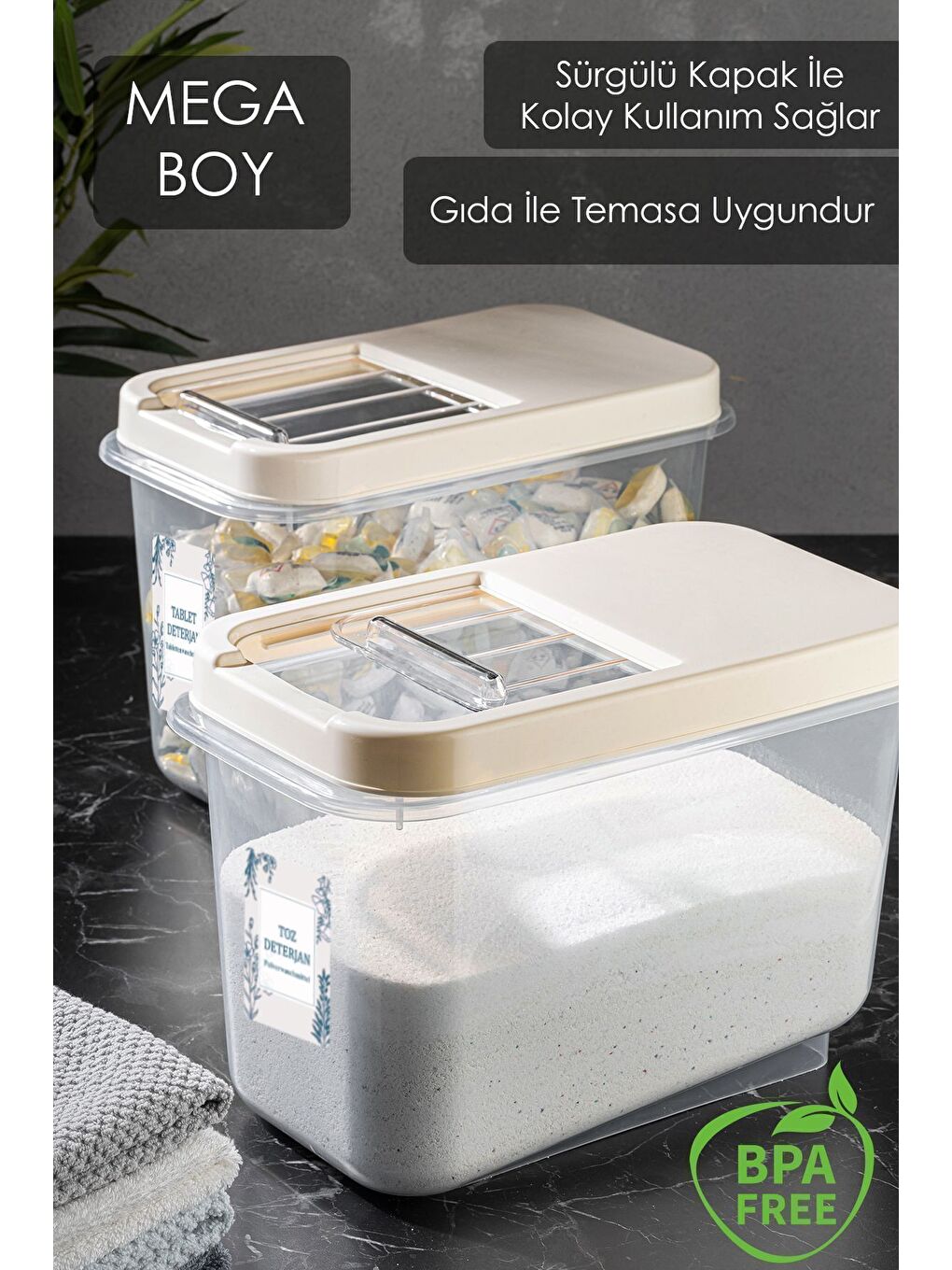 Ekru 3 lü 10 Lt Mega Banyo Düzenleyici   Kayar Kapaklı Etiketli Toz Tablet Deterjan Saklama Kutusu Krem-1