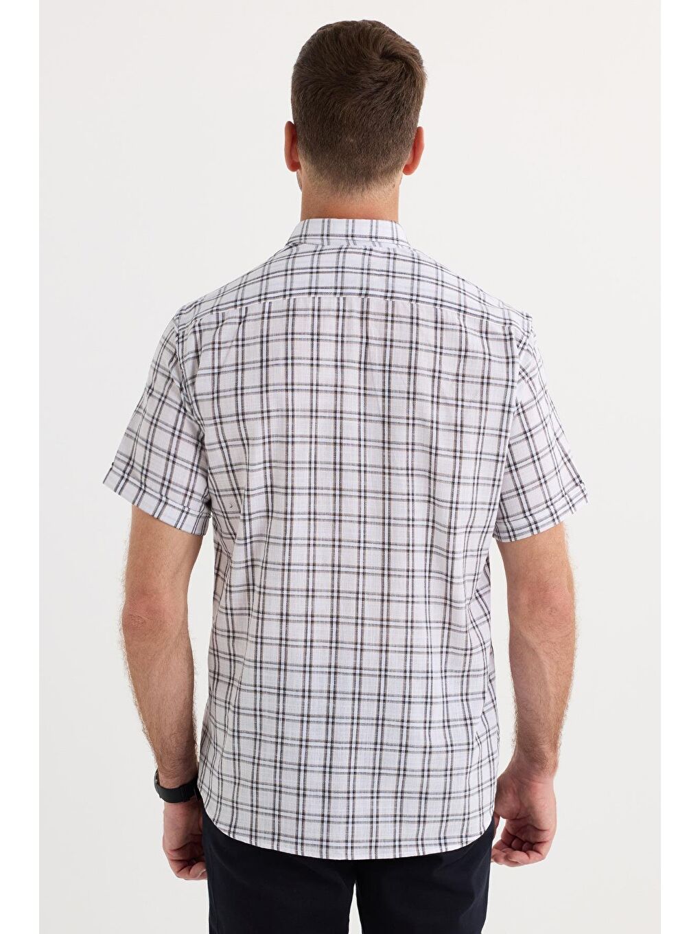 Karışık Erkek Regular Fit Klasik Kesim %100 Pamuk Keten Doku Cepli Kareli Kısa Kollu Düğmeli Yaka Gömlek-6