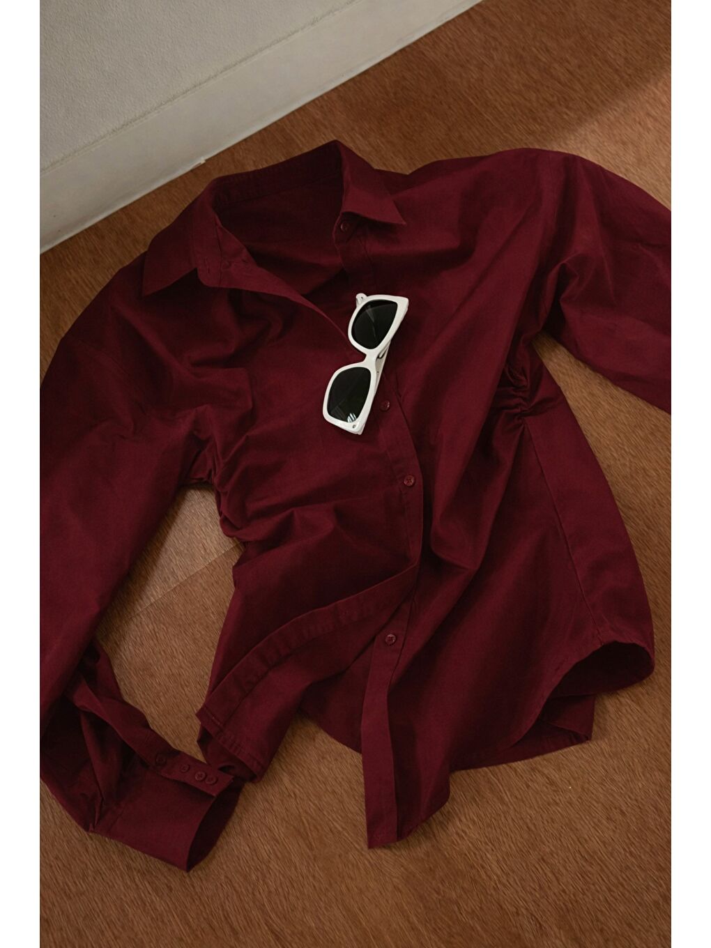 Bordo Kadın Yan Büzgü Detaylı Gömlek Elastanlı Pamuklu Uzun Kollu Gömlek-6