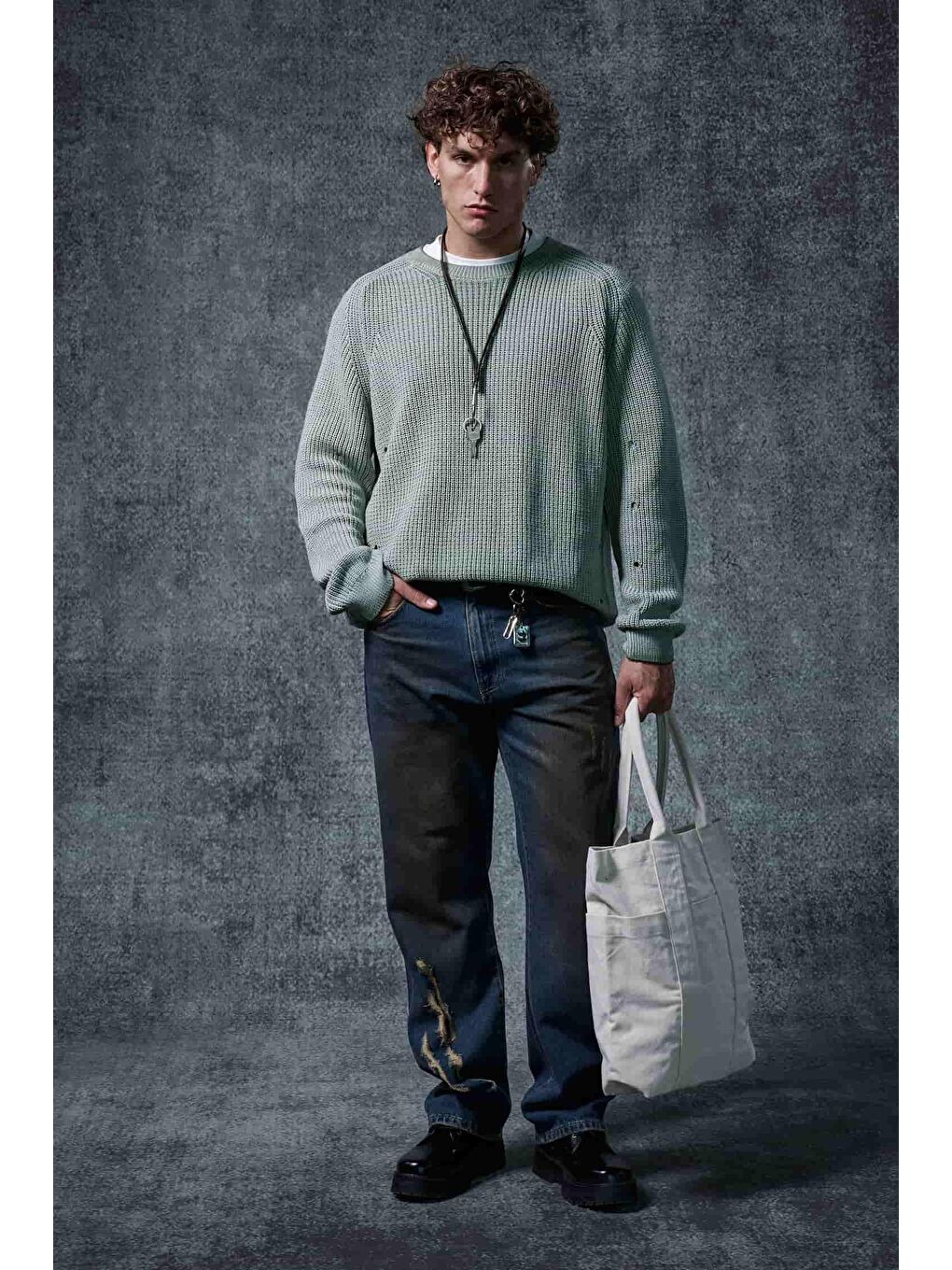 Mavi Erkek Oversize Yıkamalı Distressed Triko Kazak Mint-2