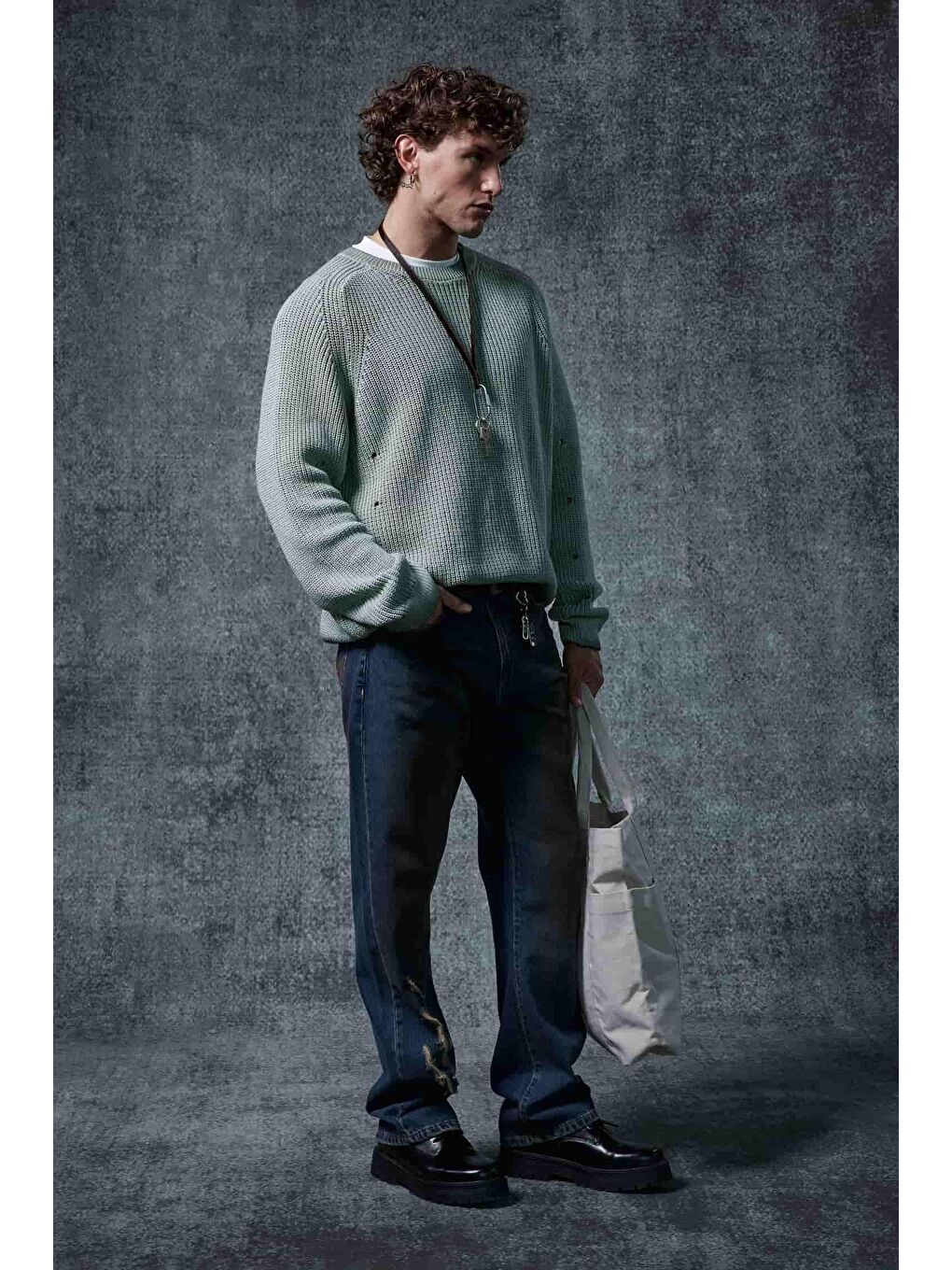 Mavi Erkek Oversize Yıkamalı Distressed Triko Kazak Mint-3