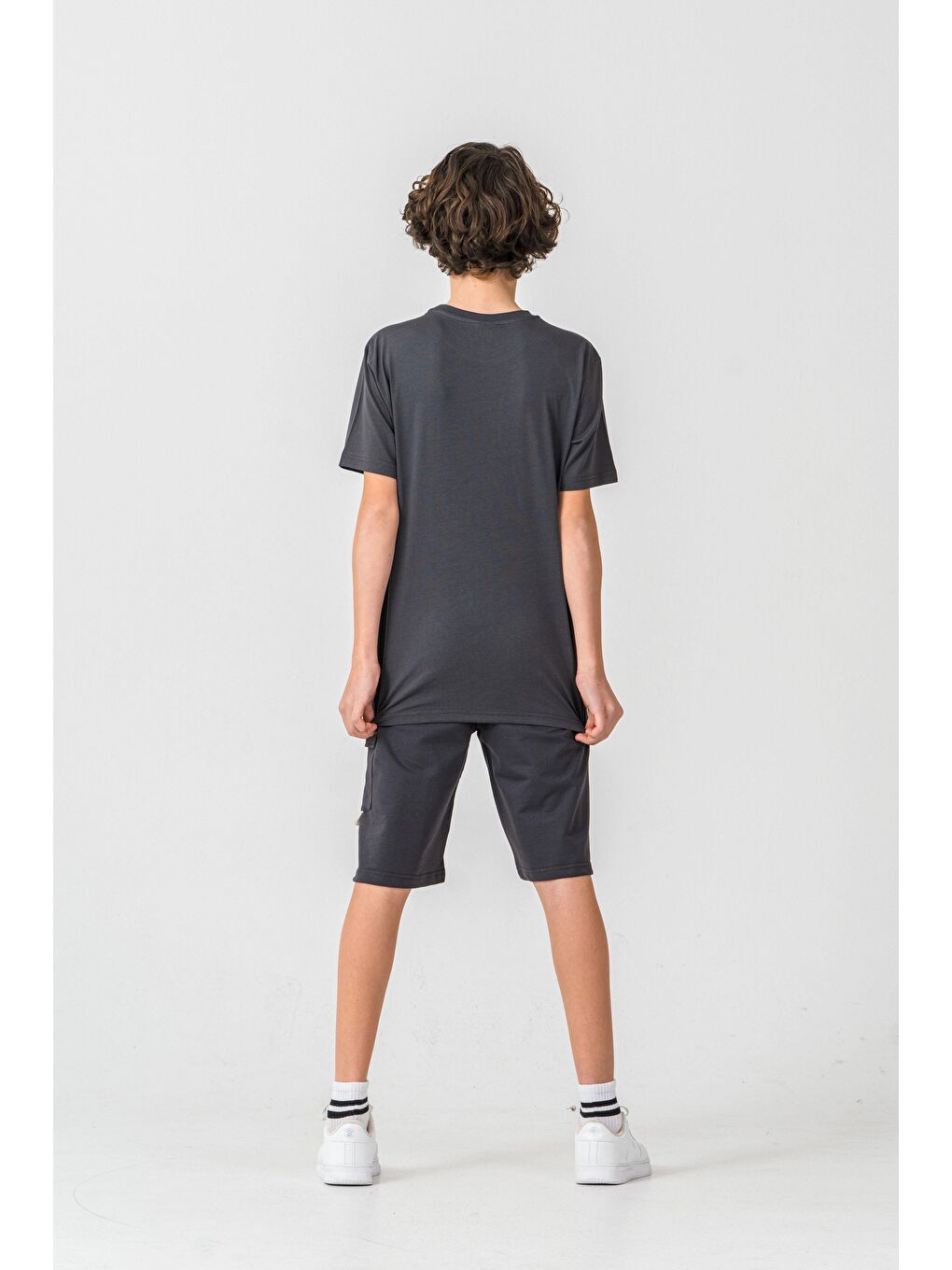 Gri New York City Urban 1992 League Baskılı Kargo Cepli Erkek Çocuk Şort - Tişört Takımı-4