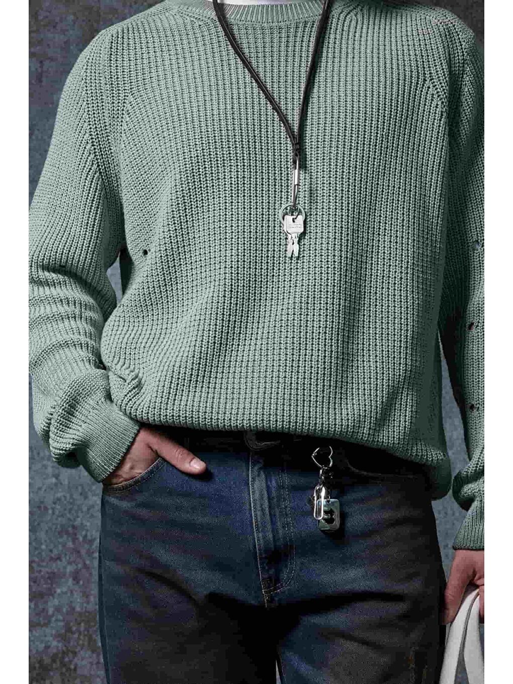 Mavi Erkek Oversize Yıkamalı Distressed Triko Kazak Mint-4