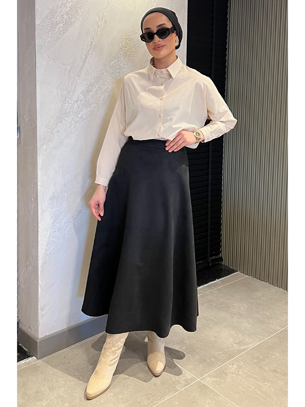 Siyah Kadın Kloş Uzun Süet Tesettür Etek-2